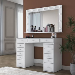 Hanah Home BJ196 - 5170 Mesa de Maquillaje Blanca con Espejo y 13 Focos